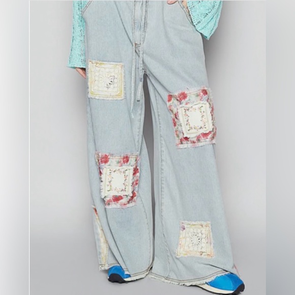POL Multi Patch Striped Denim Wide Leg PantsBoho Patchwork Drawstring Size M